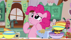 Size: 1920x1080 | Tagged: safe, imported from derpibooru, screencap, pinkie pie, secrets and pies, bowl, female, mixing bowl, solo, sugarcube corner