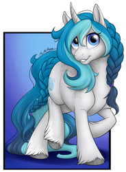 Size: 1128x1534 | Tagged: safe, artist:mythpony, imported from derpibooru, oc, oc only, oc:bubble lee, pony, unicorn, female, freckles, gift art, looking at you, mare, raised hoof, smiling, solo, unshorn fetlocks