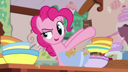 Size: 1920x1080 | Tagged: safe, imported from derpibooru, screencap, pinkie pie, secrets and pies, baking, bowl, female, kitchen, raised eyebrow, solo