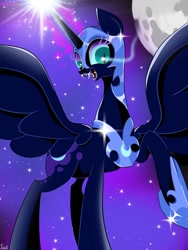 Size: 768x1024 | Tagged: safe, artist:nanima, artist:sue, imported from derpibooru, nightmare moon, alicorn, pony, crown, female, jewelry, looking at you, magic, mare, moon, regalia, solo