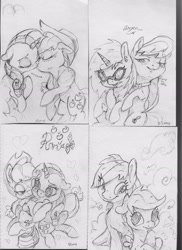 Size: 2552x3508 | Tagged: safe, artist:dilarus, deleted from derpibooru, imported from derpibooru, applejack, dj pon-3, octavia melody, rainbow dash, rarity, scootaloo, vinyl scratch, earth pony, pegasus, pony, unicorn, blushing, cloud, commission, dialogue, eyes closed, female, filly, grayscale, heart, hug, kissing, lesbian, mare, monochrome, patreon, pencil drawing, rarijack, scratchtavia, shipping, signature, traditional art