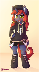 Size: 800x1457 | Tagged: safe, artist:hoodie, imported from derpibooru, oc, oc only, oc:sunset, semi-anthro, unicorn, beret, bipedal, boots, clothes, hat, hoodie, jewelry, open mouth, pigtails, shoes, shorts, smiling, solo, twintails