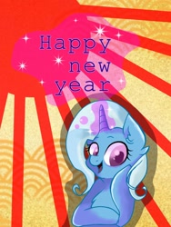 Size: 768x1024 | Tagged: safe, artist:sue, imported from derpibooru, trixie, pony, unicorn, female, looking at you, magic, mare, new year, solo