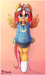 Size: 797x1300 | Tagged: safe, artist:hoodie, imported from derpibooru, oc, oc only, oc:tailspin, pegasus, semi-anthro, arm hooves, bandaid, bandaid on nose, bipedal, clothes, cute, female, goggles, hoodie, miniskirt, ocbetes, open mouth, pleated skirt, short skirt, skirt, skirt lift, smiling, socks, solo, spread wings, wings