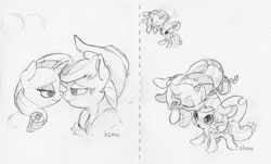 Size: 3252x1963 | Tagged: safe, artist:dilarus, deleted from derpibooru, imported from derpibooru, applejack, rarity, earth pony, pony, unicorn, boop, bust, commission, eyes closed, female, grayscale, kissing, lesbian, lidded eyes, looking at each other, mare, monochrome, noseboop, nuzzling, patreon, pencil drawing, rarijack, screw gravity, shipping, signature, traditional art