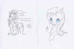 Size: 3242x2166 | Tagged: safe, artist:dilarus, deleted from derpibooru, imported from derpibooru, fluttershy, twilight sparkle, alicorn, pegasus, pony, comic:the many faces of twilight sparkle, bust, commission, dialogue, faic, female, grayscale, mare, monochrome, partial color, patreon, pencil drawing, signature, traditional art, twilight sparkle (alicorn)