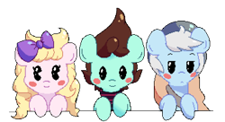 Size: 1500x814 | Tagged: safe, artist:turtlefarminguy, imported from derpibooru, oc, oc only, oc:rich, earth pony, pony, bandana, blush sticker, blushing, bow, bust, female, hat, male, mare, pixel art, simple background, stallion, transparent background, trio