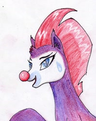 Size: 1374x1739 | Tagged: safe, artist:40kponyguy, derpibooru exclusive, imported from derpibooru, fizzlepop berrytwist, tempest shadow, unicorn, my little pony: the movie, broken horn, bust, clown, clown nose, colored pencil drawing, ear fluff, female, looking at you, mare, red nose, requested art, rodeo clown, simple background, solo, traditional art, white background