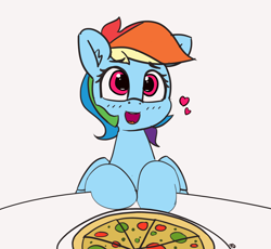 Size: 3276x3011 | Tagged: safe, artist:pabbley, imported from derpibooru, rainbow dash, pegasus, pony, 30 minute art challenge, blushing, cute, dashabetes, date, female, food, happy, heart, looking at you, mare, open mouth, pizza, signature, sitting, solo, table, that pony sure does love pizza