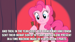 Size: 853x480 | Tagged: safe, edit, edited screencap, imported from derpibooru, screencap, pinkie pie, earth pony, pony, baby cakes, atop the fourth wall, broom, caption, cute, cybernetic ghost of christmas past from the future, female, grin, jane fonda, linkara, mare, marville, playstation, smiling, spotlight, ted turner, text, wat