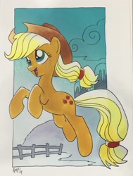 Size: 2150x2839 | Tagged: safe, artist:tonyfleecs, imported from derpibooru, applejack, applejack's hat, cowboy hat, female, fence, hat, solo