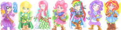 Size: 1854x461 | Tagged: safe, artist:luxshine, imported from derpibooru, applejack, fluttershy, pinkie pie, rainbow dash, rarity, sci-twi, sunset shimmer, twilight sparkle, human, rabbit, equestria girls, arrow, book, bow (weapon), bow and arrow, clothes, crossover, dungeons and dragons, fantasy class, humane five, humane seven, humane six, humanized, long skirt, lute, mace, magic, musical instrument, skirt, staff, sword, weapon
