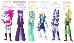 Size: 1524x894 | Tagged: safe, artist:grandkhan, imported from derpibooru, applejack, fluttershy, pinkie pie, rainbow dash, rarity, twilight sparkle, chiss, mirialan, togruta, zabrak, zeltron, equestria girls, armor, boob window, boots, braid, clothes, crossover, face tattoo, hand wraps, jedi, jedi knight, jedi master, lightsaber, mane six, misspelling, ponytail, robe, robotic arm, scar, shoes, simple background, skirt, species swap, star wars, tunic, weapon, white background