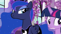 Size: 900x506 | Tagged: safe, imported from derpibooru, screencap, princess luna, twilight sparkle, alicorn, equestria girls, equestria girls series, forgotten friendship, animated, cutie mark, discovery family logo, duo, female, flower, hall, horn, jewelry, lavender, regalia, stained glass, twilight sparkle (alicorn), wings