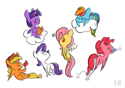 Size: 2400x1694 | Tagged: safe, artist:fluttershythekind, imported from derpibooru, applejack, fluttershy, pinkie pie, rainbow dash, rarity, twilight sparkle, alicorn, butterfly, pony, apple, book, cloud, female, food, mane six, mare, simple background, smiling, twilight sparkle (alicorn), white background