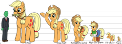 Size: 3562x1280 | Tagged: safe, artist:mkogwheel, imported from derpibooru, applejack, oc, oc:anon, human, pony, appletini, behaving like a cat, big, blonde, blushing, boots, bridle, clothes, cowboy hat, cute, denim skirt, equestria girls outfit, freckles, hat, hatless, hay, herbivore, hoers, horses doing horse things, jackletree, jrhnbr, licking, micro, missing accessory, multeity, pony sized pony, reins, ruby, saddle, shoes, size chart, size comparison, skirt, stetson, tack, tongue out