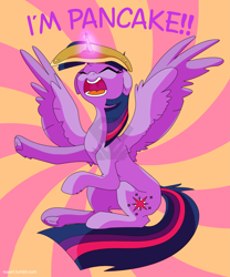 Size: 2215x2661 | Tagged: safe, artist:roaert, imported from derpibooru, twilight sparkle, alicorn, pony, dialogue, eyes closed, female, food, i'm pancake, mare, open mouth, pancakes, solo, spread wings, twilight sparkle (alicorn), underhoof, watermark, wings, yelling