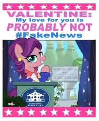 Size: 736x900 | Tagged: safe, artist:pixelkitties, imported from derpibooru, spoiled rich, earth pony, pony, #fakenews, clothes, ear piercing, earring, eyelashes, eyeliner, eyeshadow, fake news, female, hair, holiday, jewelry, lidded eyes, looking at you, makeup, mane, mare, milf, mother, piercing, pink fur, purple hair, purple mane, purple tail, raised hoof, smiling, solo, tail, teal eyes, valentine's day, votehorse