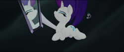 Size: 1920x808 | Tagged: safe, imported from derpibooru, screencap, rarity, storm king, pony, unicorn, my little pony: the movie, bobblehead, eyes closed, falling, female, mare, mirror, narcissism, rarity being rarity, solo, toy