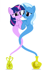 Size: 420x664 | Tagged: safe, artist:navitaserussirus, imported from derpibooru, trixie, twilight sparkle, genie, asktwixiegenies, cropped, female, lesbian, looking at each other, shipping, simple background, twixie, white background