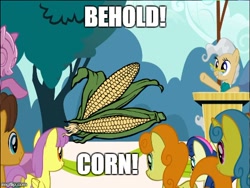 Size: 500x375 | Tagged: safe, edit, edited screencap, imported from derpibooru, screencap, bon bon, caramel, carrot top, golden harvest, lemon hearts, mayor mare, parasol, sweetie drops, the last roundup, aqua teen hunger force, behold, corn, dr. weird, food, meme