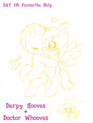 Size: 1280x1696 | Tagged: safe, artist:shinta-girl, imported from derpibooru, derpy hooves, doctor whooves, time turner, doctorderpy, dream, februpony, female, male, monochrome, shipping, straight, traditional art