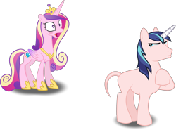 Size: 2965x2198 | Tagged: safe, artist:rustle-rose, artist:tardifice, edit, editor:slayerbvc, imported from derpibooru, vector edit, princess cadance, shining armor, alicorn, unicorn, bald, blushing, casual nudity, clothed female nude male, embarrassed, eyes on the prize, female, furless, furless edit, jaw drop, male, mare, nude edit, nudity, oblivious, open mouth, raised hoof, shaved, shaved tail, simple background, squint, stallion, transparent background, vector