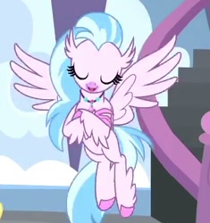 Size: 334x356 | Tagged: safe, imported from derpibooru, screencap, silverstream, classical hippogriff, hippogriff, school daze, crossed arms, eyes closed, female, flying, jewelry, necklace, solo