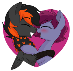 Size: 2878x2804 | Tagged: safe, artist:dativyrose, artist:sweetcleanfun, imported from derpibooru, oc, oc only, oc:blazing heart, oc:crafted sky, hippogriff, pony, blafted, blushing, boop, cute, duo, eyes closed, heart, hug, mutual booping, neck feathers, noseboop, oc x oc, shipping, simple background, smiling, transparent background, ych result