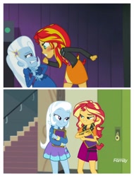 Size: 3106x4096 | Tagged: safe, imported from derpibooru, screencap, sunset shimmer, trixie, equestria girls, equestria girls series, forgotten friendship, rainbow rocks, comparison, discovery family logo, lockers, yearbook