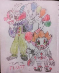 Size: 1024x1279 | Tagged: safe, artist:tobiisabunny, imported from derpibooru, discord, oc, oc:dante, oc:dante the savage imp, pony, balloon, clown nose, fangs, it, pennywise, ponified, red nose, simple background, traditional art, transparent background