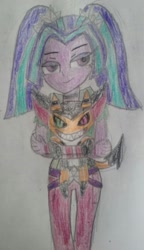 Size: 1024x1773 | Tagged: safe, artist:tobiisabunny, imported from derpibooru, aria blaze, oc, oc:dante, oc:dante the savage imp, equestria girls, traditional art, watermark