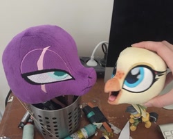 Size: 1080x865 | Tagged: safe, artist:nazegoreng, imported from derpibooru, princess skystar, tempest shadow, classical hippogriff, hippogriff, my little pony: the movie, done with your shit, eye scar, head, irl, photo, plushie, scar, wip
