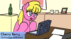 Size: 1280x705 | Tagged: safe, artist:ashtoneer, imported from derpibooru, cherry berry, computer, female, laptop computer, solo, you're doing it wrong