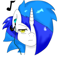 Size: 3431x3375 | Tagged: artist needed, source needed, safe, imported from derpibooru, oc, oc:zerox, pony, unicorn, blue hair, headphones, pending, serious, serious face, solo, yellow eyes