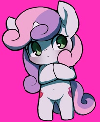 Size: 793x972 | Tagged: safe, artist:ccc, imported from derpibooru, sweetie belle, pony, unicorn, belly button, bipedal, female, mare, purple background, simple background, solo