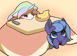 Size: 2454x1783 | Tagged: safe, artist:ccc, imported from derpibooru, princess celestia, princess luna, alicorn, pony, banana, cute, female, food, kotatsu, lounging, lunabetes, mare, remote control