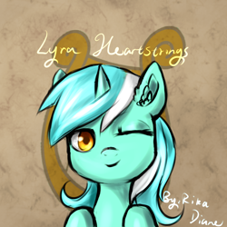 Size: 1024x1024 | Tagged: safe, artist:rikadiane, imported from derpibooru, lyra heartstrings, pony, unicorn, bust, female, one eye closed, portrait, smiling, solo, wink