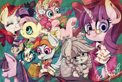 Size: 2039x1377 | Tagged: safe, artist:setoya, imported from derpibooru, applejack, dj pon-3, flutterholly, fluttershy, merry, octavia melody, pinkie pie, rainbow dash, rarity, snowdash, snowfall frost, spirit of hearth's warming past, spirit of hearth's warming presents, starlight glimmer, twilight sparkle, vinyl scratch, alicorn, earth pony, pegasus, pony, unicorn, a hearth's warming tail, alternate hairstyle, mug, present, victrola scratch