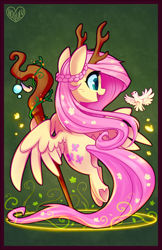 Size: 582x900 | Tagged: safe, artist:meekcheep, imported from derpibooru, fluttershy, bird, pegasus, pony, antlers, braid, cute, druid, fantasy class, female, flutterdruid, mare, shyabetes, solo, staff, underhoof