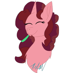 Size: 2048x2048 | Tagged: safe, artist:artisticfangirl7, imported from derpibooru, oc, oc only, oc:apple butter (ice1517), pony, unicorn, icey-verse, bust, eyes closed, female, mare, offspring, parent:big macintosh, parent:sugar belle, parents:sugarmac, simple background, solo, transparent background