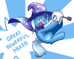 Size: 1280x1024 | Tagged: safe, artist:sugar morning, derpibooru exclusive, imported from derpibooru, trixie, pony, unicorn, advertising, cape, clothes, cute, female, funny, hat, jumping, looking at you, mare, mixer, open mouth, solo, sunburst background, trixie's cape, trixie's hat