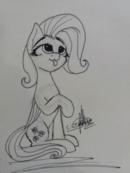 Size: 774x1032 | Tagged: safe, artist:ironbeastz, imported from derpibooru, fluttershy, pegasus, pony, female, monochrome, sitting, solo, tongue out, traditional art