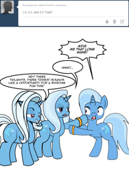 Size: 600x800 | Tagged: safe, artist:dekomaru, imported from derpibooru, trixie, pony, tumblr:ask twixie, ask, self ponidox, style comparison, tumblr