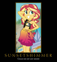 Size: 576x628 | Tagged: safe, edit, imported from derpibooru, screencap, sunset shimmer, equestria girls, equestria girls series, forgotten friendship, arm behind head, belly button, clothes, female, hand on hip, motivational poster, pose, smiling, solo, sunset selfie, swimsuit