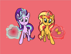 Size: 960x720 | Tagged: safe, artist:artattax, imported from derpibooru, starlight glimmer, sunset shimmer, unicorn, animated, female, frame by frame, hearts and hooves day, lesbian, levitation, magic, shimmerglimmer, shipping, simple background, telekinesis, walking