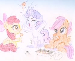 Size: 1197x979 | Tagged: dead source, safe, artist:jeffmartinez, imported from derpibooru, apple bloom, scootaloo, sweetie belle, pony, bipedal, cutie mark crusaders, eyes closed, female, filly, food, magic, popsicle, straining, sweat, telekinesis, traditional art