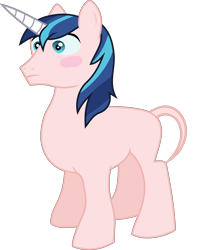 Size: 5338x6278 | Tagged: safe, artist:frownfactory, edit, editor:slayerbvc, imported from derpibooru, vector edit, shining armor, unicorn, absurd resolution, bald, blushing, furless, furless edit, male, nude edit, nudity, shaved, shaved tail, simple background, solo, stallion, transparent background, vector