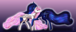 Size: 1024x434 | Tagged: safe, artist:charliegray99, imported from derpibooru, princess celestia, princess luna, alicorn, bat pony, bat pony alicorn, pony, alternate hairstyle, alternate universe, fangs, female, gradient background, hug, mare, pink-mane celestia, race swap