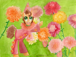 Size: 3525x2660 | Tagged: safe, artist:kelseyleah, imported from derpibooru, cheese sandwich, earth pony, pony, clothes, flower, male, solo, stallion, traditional art